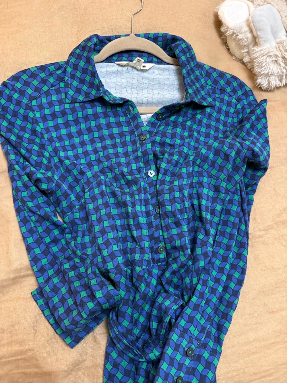 Boden cotton blend Blue & Green Geometric Shirt Dress with Tie Waist - Picture 3 of 10